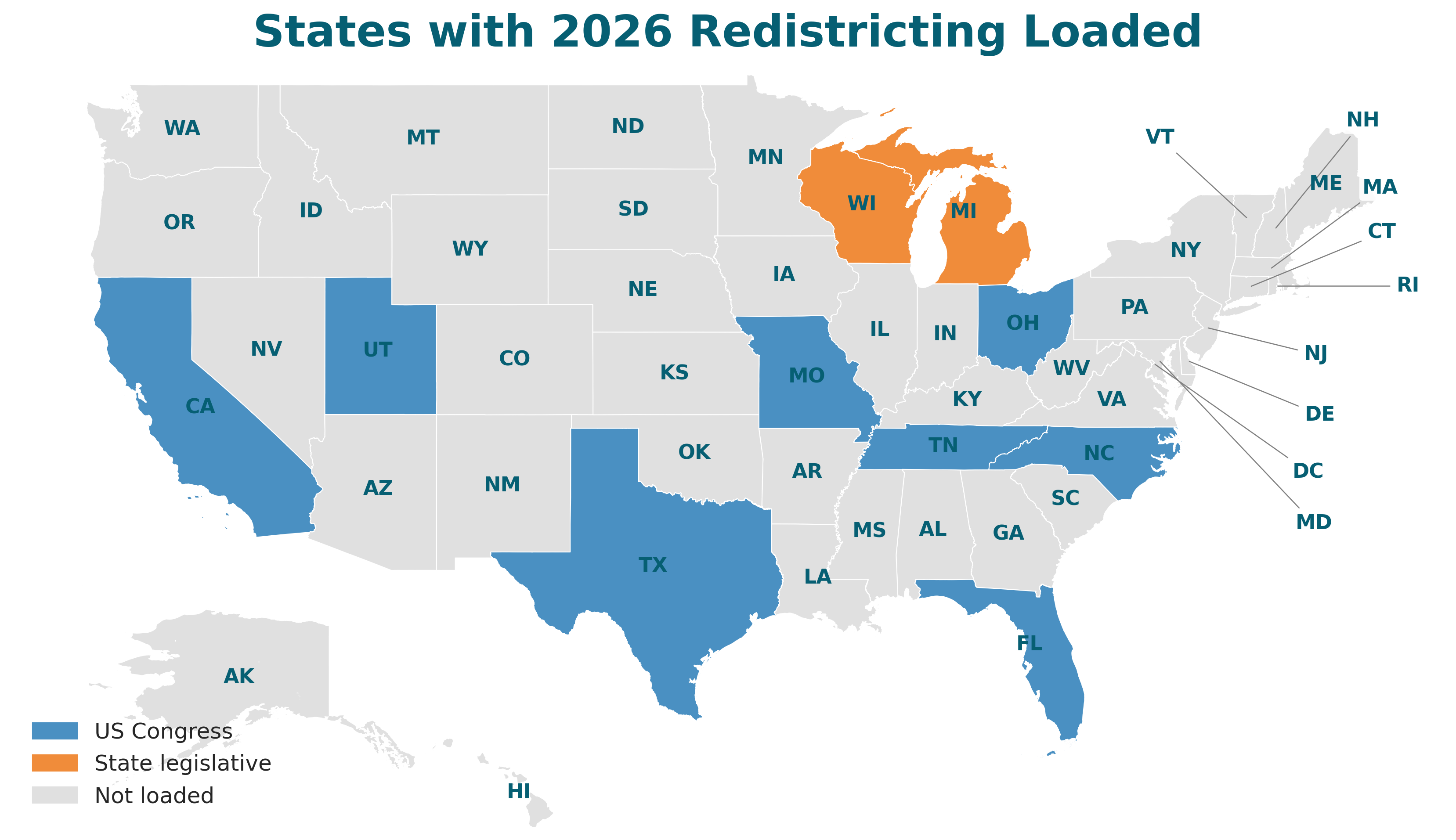 US map highlighting states with 2026 redistricting loaded